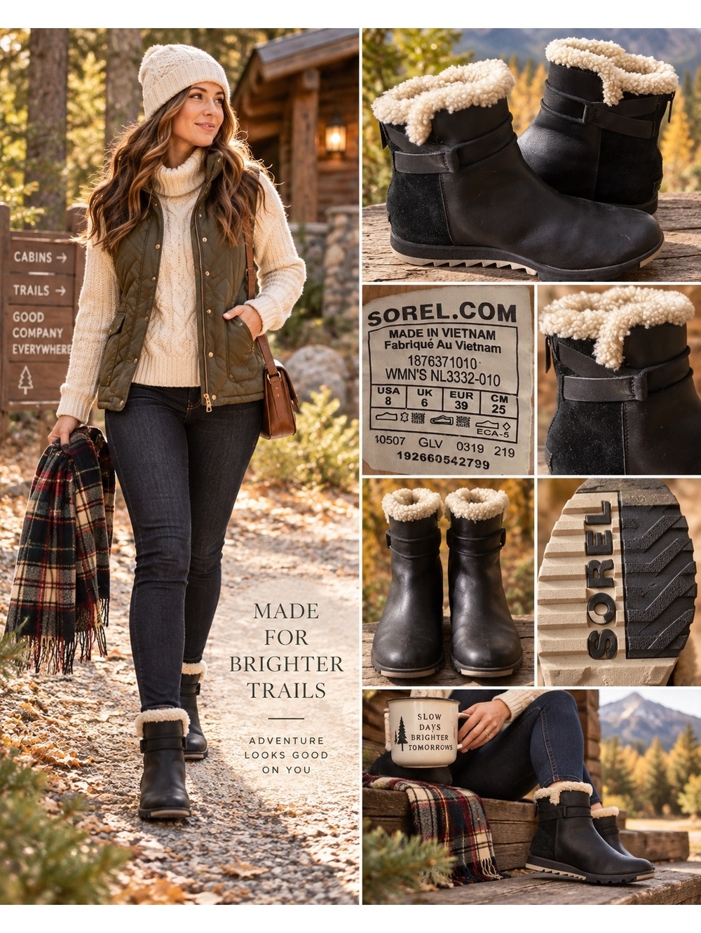 Sorel Harlow Black Leather Suede Shearling Ankle Boots Women’s 8 Gorpcore